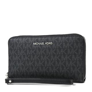 【Michael Kors】緹花LOGO防刮皮革拉鍊手掛式長夾/手機包-黑色