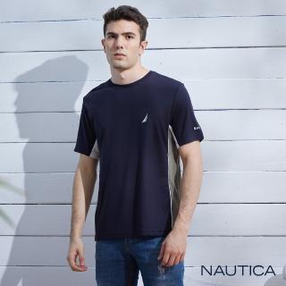 【NAUTICA】男裝  吸濕排汗拼接LOGO短袖T恤(海軍藍)