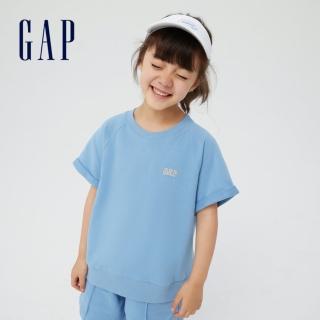 【GAP】女童 碳素軟磨 法式圈織系列 Logo寬鬆短袖休閒運動上衣(880984-藍色)