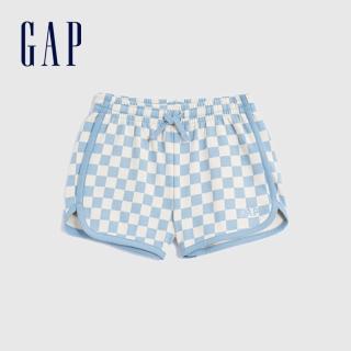 【GAP】女童 Logo薄款寬鬆棋盤格休閒短褲(402623-藍色棋盤格)