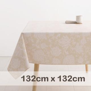 【CasaBella 美麗家居】防水桌巾 米褐羽緹花 132x132cm(防水 防油 PVC 桌巾 桌布 野餐桌巾)