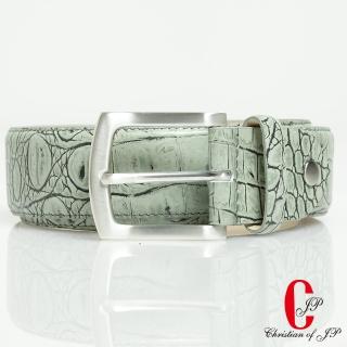 【JYI PIN 極品名店】商務男裝 輕熟品味鱷魚紋頭層牛皮帶_淺灰綠(YPC053)