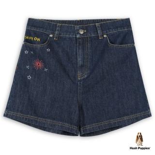 【Hush Puppies】女裝後腰鬆緊刺繡牛仔短褲(丈青 / 23222101)