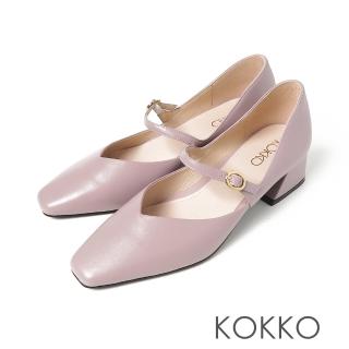 【KOKKO 集團】優雅赫本方頭柔軟手感綿羊皮瑪莉珍粗跟鞋(紫色)