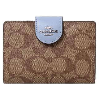 【COACH】立體馬車LOGO防刮緹花皮革釦式拉鍊中夾(卡其藍)