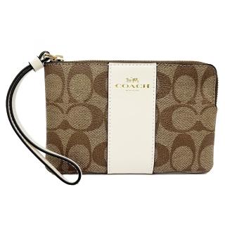 【COACH】C  LOGO直紋零錢包/手拿包(焦糖/米白)