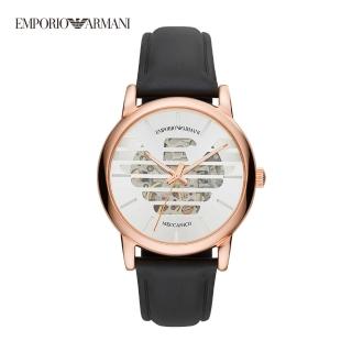 【EMPORIO ARMANI 官方直營】Luigi 經典老鷹壓紋縷空機械錶 黑色真皮錶帶 43MM AR60031