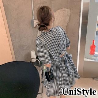 【UniStyle】韓系設計感格紋露後腰小心機短袖連身洋裝 女 ZM317-MY8870(圖片色)