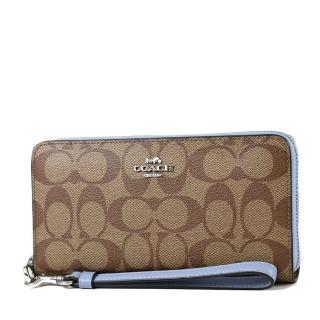 【COACH】緹花LOGO防刮皮革手掛式拉鍊長夾-大理石藍