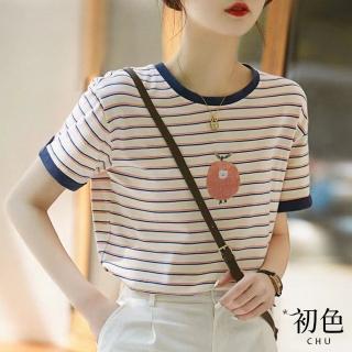 【初色】簡約撞色條紋女孩T恤-米色-61986(M-2XL可選/現貨+預購)