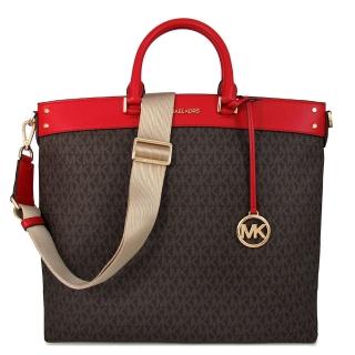 【Michael Kors】金字LOGO滿版防刮拼接皮革大款手提x斜背托特包(咖紅色)