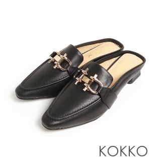 【KOKKO 集團】正韓方頭金屬全真皮粗跟穆勒拖鞋(黑色)