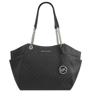 【Michael Kors】新版圓標MK LOGO吊飾雙口袋鍊包肩背包(黑灰)