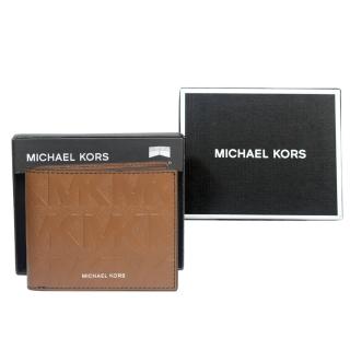 【Michael Kors】MK字母壓印皮革咖啡色對折短夾禮盒