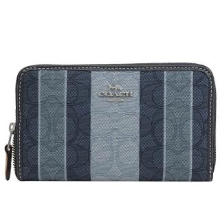 【COACH】條紋C LOGO拼接織布多卡拉鍊發財零錢中夾(藍)