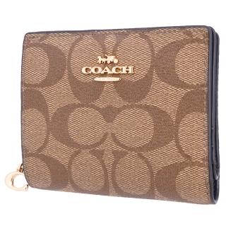 【COACH】馬車立體金LOGO PVC牛皮皮革 C LOGO 拉鏈零錢袋 / 短夾(老花卡其色)