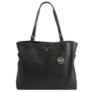 【Michael Kors】專櫃款 圓標MK吊飾荔枝皮革肩背大束口托特包(黑)