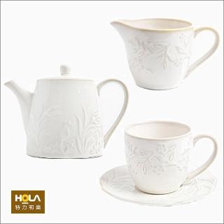 【HOLA】芙蘿拉茶壺白色1300ml+奶壺白色280ml+杯盤組白色250ml