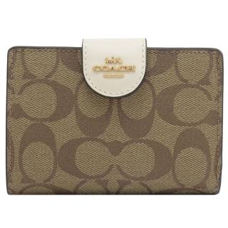 【COACH】金屬LOGO滿版C印花拼接扣式零錢中夾(駝/白)