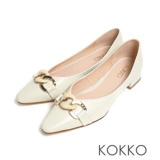 【KOKKO 集團】柔軟感綿羊皮手工方頭真皮鎖鍊跟鞋(米色)