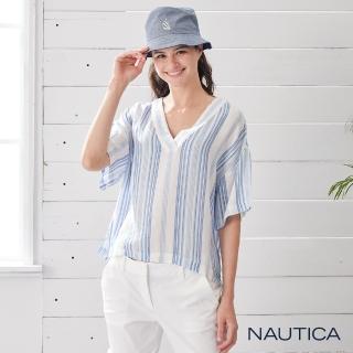 【NAUTICA】女裝輕薄直條紋五分袖上衣(淺藍)