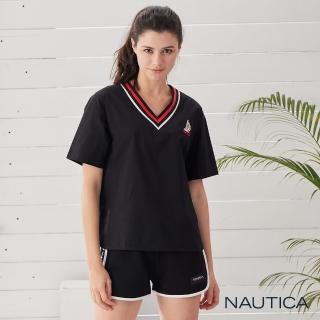 【NAUTICA】女裝修身V型領短袖上衣(黑)