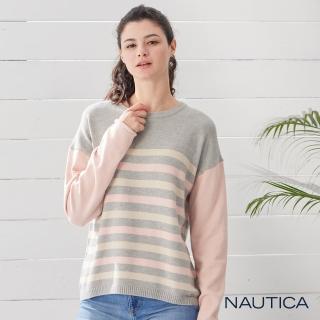 【NAUTICA】女裝撞色條紋長袖針織衫(淺灰)