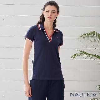 【NAUTICA】女裝修身拼接V型領短袖POLO衫(深藍)