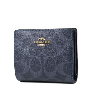 【COACH】緹花LOGO防刮皮革釦式拉鍊袋短夾-單寧藍
