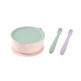 【2angels】矽膠鑽石吸盤學習碗+矽膠餵食湯匙2支(學齡前孩童副食品學習餐具 幼兒寶寶吸盤防漏餐碗)