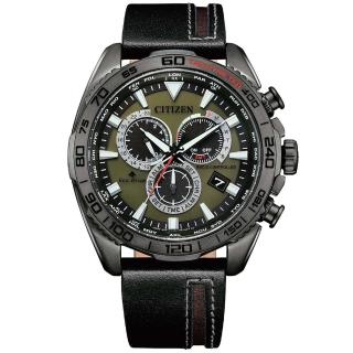 【CITIZEN 星辰】PROMASTER 尊爵復古光動能電波三眼計時真皮腕錶/黑x綠面(CB5037-17X)