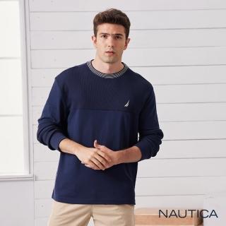 【NAUTICA】男裝異材質拼接質感長袖T恤(海軍藍)