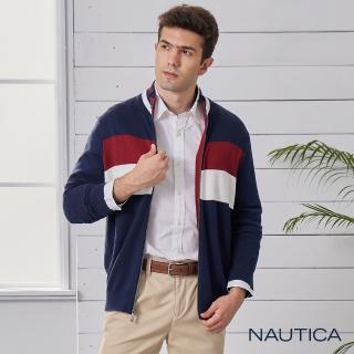 【NAUTICA】男裝休閒時尚拼接立領長袖針織外套(海軍藍)