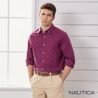 【NAUTICA】男裝休閒滿版旗語圖騰長袖襯衫(紅藍)