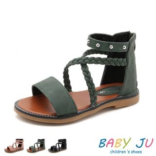 【BABY Ju 寶貝啾】韓版鉚釘時尚少女風羅馬童鞋(現+預  綠色 / 粉色 / 黑色)