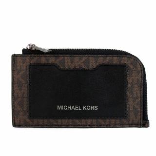 【Michael Kors】銀字滿版拚接皮革多功能卡片零錢包(咖啡/黑色)