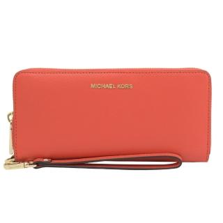 【Michael Kors】新版簡約LOGO手提式多卡拉鍊零錢長夾(橘紅)