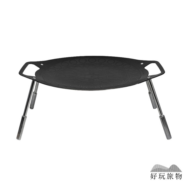 【好玩旅物】30cm_輕量薄型不銹鋼腳架圓形雙耳煎盤燒烤盤(瓦斯電磁爐通用 無煙鐵板煎炒燒烤肉)