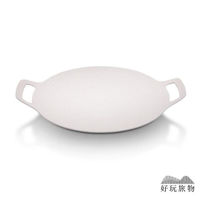 【好玩旅物】34cm_輕量薄型韓式麥飯石圓形雙耳不沾鍋露營燒烤盤(附收納袋｜瓦斯電磁爐通用 無煙煎炒燒烤肉)