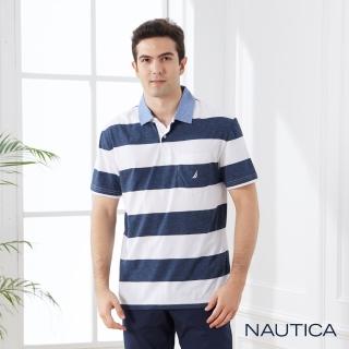 【NAUTICA】男裝 經典條紋寬版短袖POLO衫(白色)