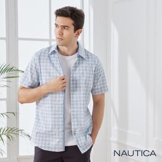 【NAUTICA】男裝吸濕排汗格紋短袖襯衫(藍色)