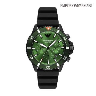 【EMPORIO ARMANI 官方直營】Diver 酷炫綠水鬼潛水手錶 黑色矽膠錶帶 43MM AR11463