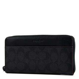 【COACH】緹花LOGO滾色邊防刮皮革拉鍊長夾-深灰色