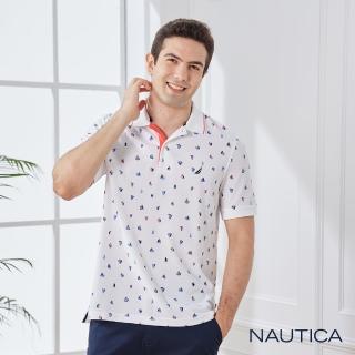 【NAUTICA】男裝 滿版帆船圖騰短袖POLO衫(白色)