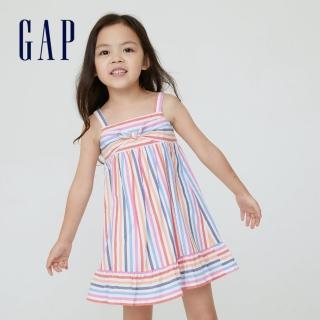 【GAP】女幼童 純棉蝴蝶結吊帶洋裝(860050-彩色條紋)