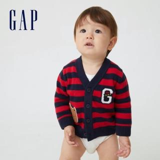 【GAP】嬰兒 純棉趣味布章針織外套(406080-紅藍條紋)