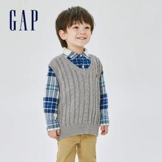 【GAP】男幼童 純棉麻花針織V領背心(400351-灰色)