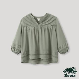 【Roots】Roots 女裝- 摩登週間系列 V領泡泡袖雕花上衣(綠色)