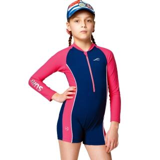 【聖手牌】素面紅藍防曬防寒長袖連身四角兒童泳裝(兒童泳裝)