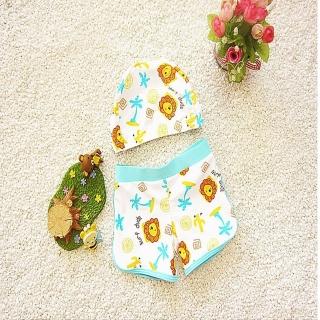 【時尚Baby】兒童泳衣男童泳裝兩件式藍色可愛獅子泳褲含泳帽(男童可愛泳衣兩件式含泳褲和泳帽)
